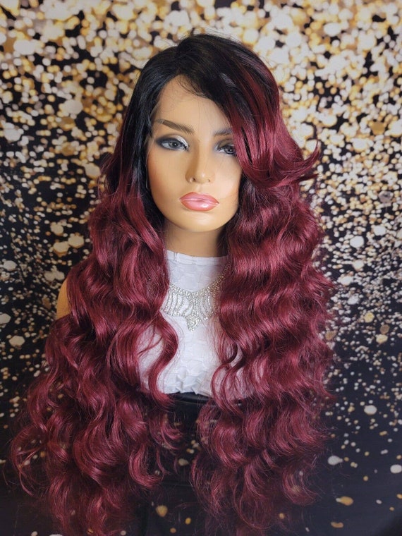 Lace Front Wig Human Blend Roots Black Ombre Auburn Wavy Glueless Wig Heat Safe