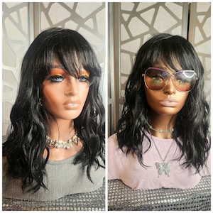 Black Wavy Wig with Bangs Curly Black Wig Human Hair Blend Glueless Wig Daily Wear or Hair loss Wig With Bangs Black Wig Heat Safe Glueless