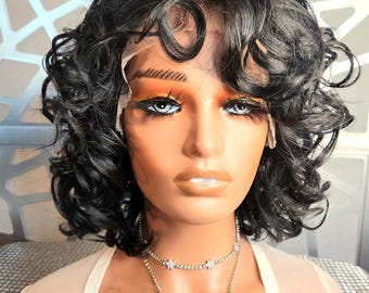 Black Curly Bob Wig Lace Front Glueless Human Hair Blend Short Wavy Wig Black Loose Wave Heat Safe