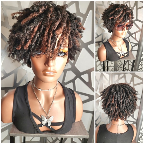 Locs Faux Twist Wig Human Hair Blend Glueless Wig Crochet Hair Roots Black Highlights Auburn Dreads  Short Wig Heat Safe Ready to Ship