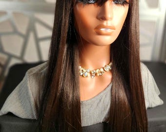 Long Brown Straight Wig with Bangs Human Hair Blend Brown Wig Sleek Layered Wig Heat Safe Daily Wear Hairloss