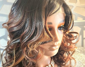Black to Auburn Copper Ombre Curly Lace Front Wig – Shoulder Length Layered Loose Curls, Glueless, Heat Safe, Natural Hairline Wig