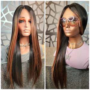 Straight Long Wig, Ombre Auburn Blonde Lace Front Wig Human Hair Blend Black Roots Glueless Wig Long Red Ginger Wig Glueless Hair loss Heat