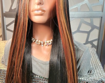 Black Straight Wig Auburn Blonde Highlights  Lace Front Glueless Human Hair Blend Long Wig Heat Safe Glueless