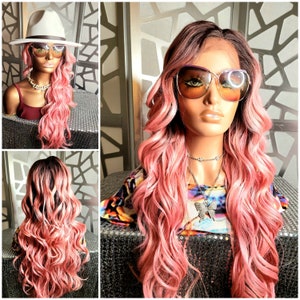 Pink Wig, Wavy Long Wig, Mermaid wig, Ombre Wig, Lace Front Wig, Pink Long Wig, Human Hair Blend Curly Long Wig, Daily Wear Heat Glueless