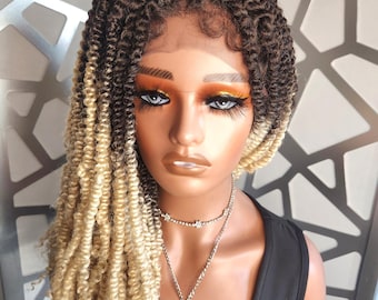 Blonde Twist Braided Wig, 4x4 Lace Front Wig, Ombre Crochet Twist Locs Wig, Glueless Protective Style Wig, Natural Black Faux Loc Wig,