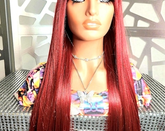 Long Red Straight Wig with Bangs Human Hair Blend Burgundy Wig Sleek Layered Wig Heat Safe Daily Wear