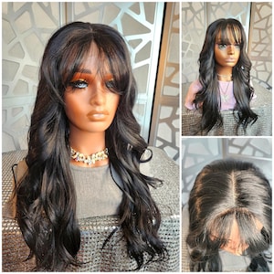 Black wig With Bangs, Wavy Wig Human Hair Blend, Long Black Wig Free Part 13x6 Lace Wig, Black Wig Bangs, Glueless Wig Heat Daily Wear