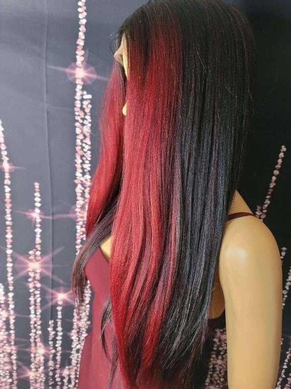Lace Front Wig Human Blend Yaki Black Burgundy Straight - Etsy Lace Front Wig Human Blend Yaki Black Burgundy Straight - Etsy
