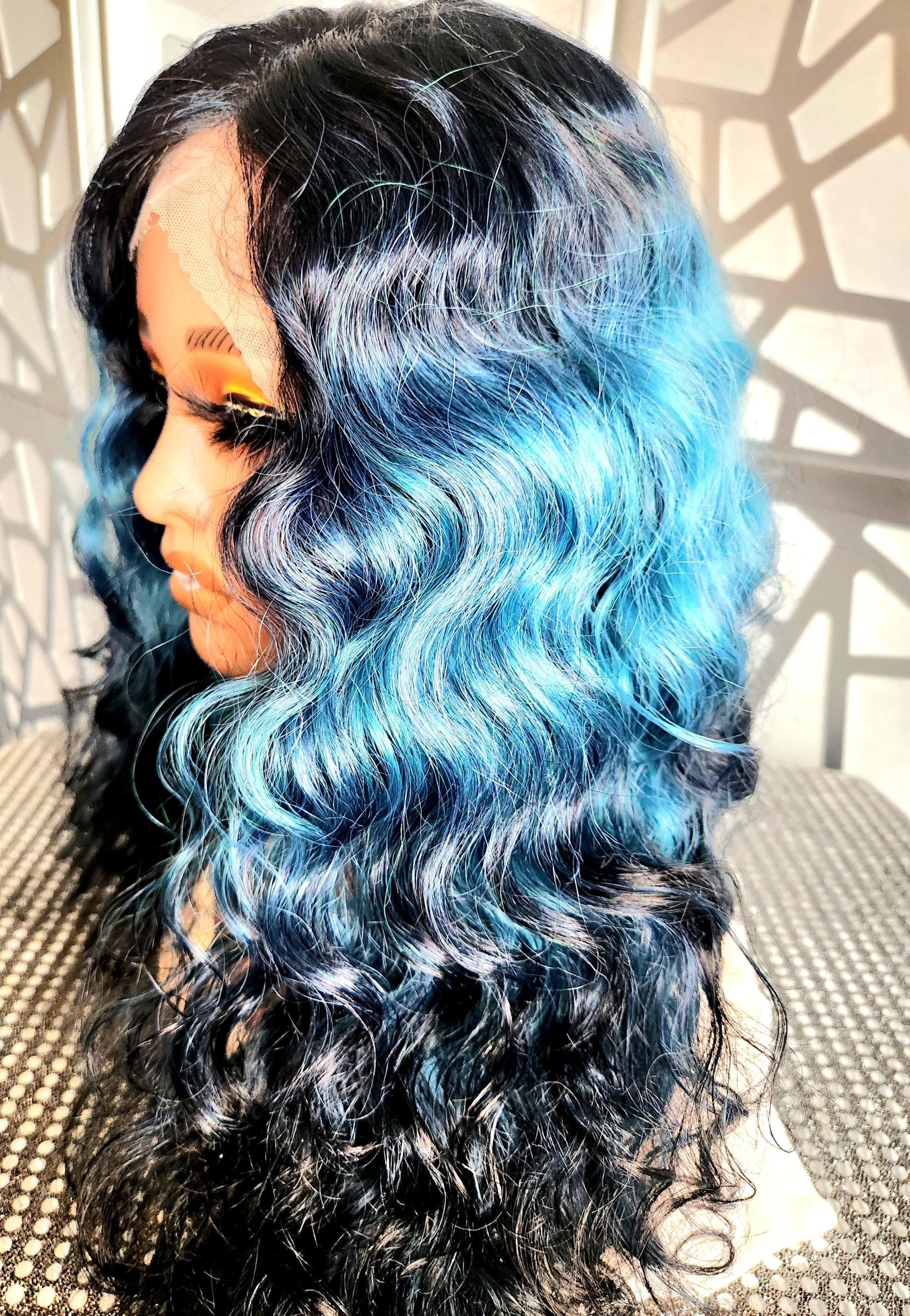 Ombre Blue Black Wavy Lace Front Wig: Human Hair Blend, Heat 