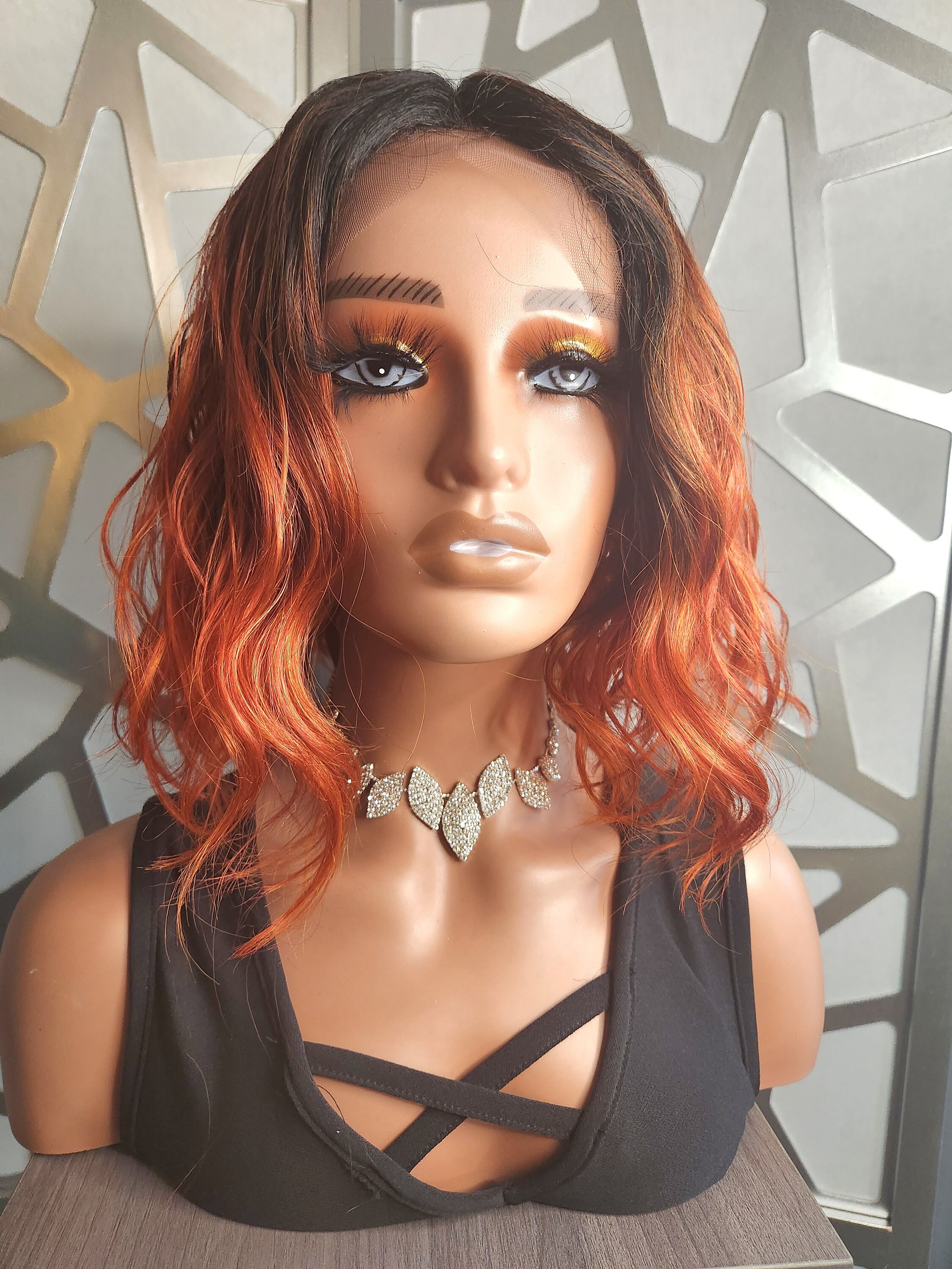Wavy Short Red Wig Auburn Lace Front Wig Ginger Wig Bob Wig Dark Roots ...