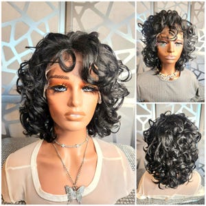 Black Wig Wavy Wig Short Curly Wig Lace Front Wig Black Curly Wig Human Hair Blend Glueless Black Lace Wig Daily Wear Hair Loss Heat Safe