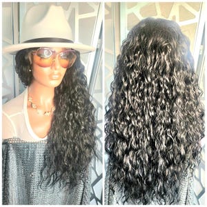 Black Wig, Curly Wig, Lace Front Wig, Wavy Black Wig, Human Hair Blend Long Black Curl Wig Glueless Wig Heat Daily Wear Alopecia Cancer