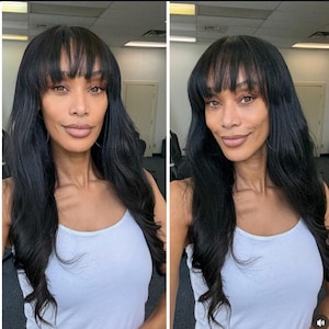 Wavy Black Wig with Bangs, Free Part Wig 13x6  Lace Wig Human Hair Blend, Wig with Bangs Layers Glueless Dailywear Hairloss Heat Safe