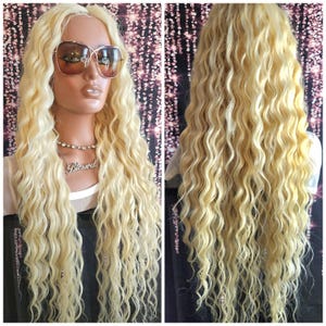 Curly Blonde Wig  Lace Front Wig Ombre Golden Blonde Long Wig Yellow Blonde Wig Wavy Wig Human Hair Blend Wavy Blonde Wig Glueless Heat Safe