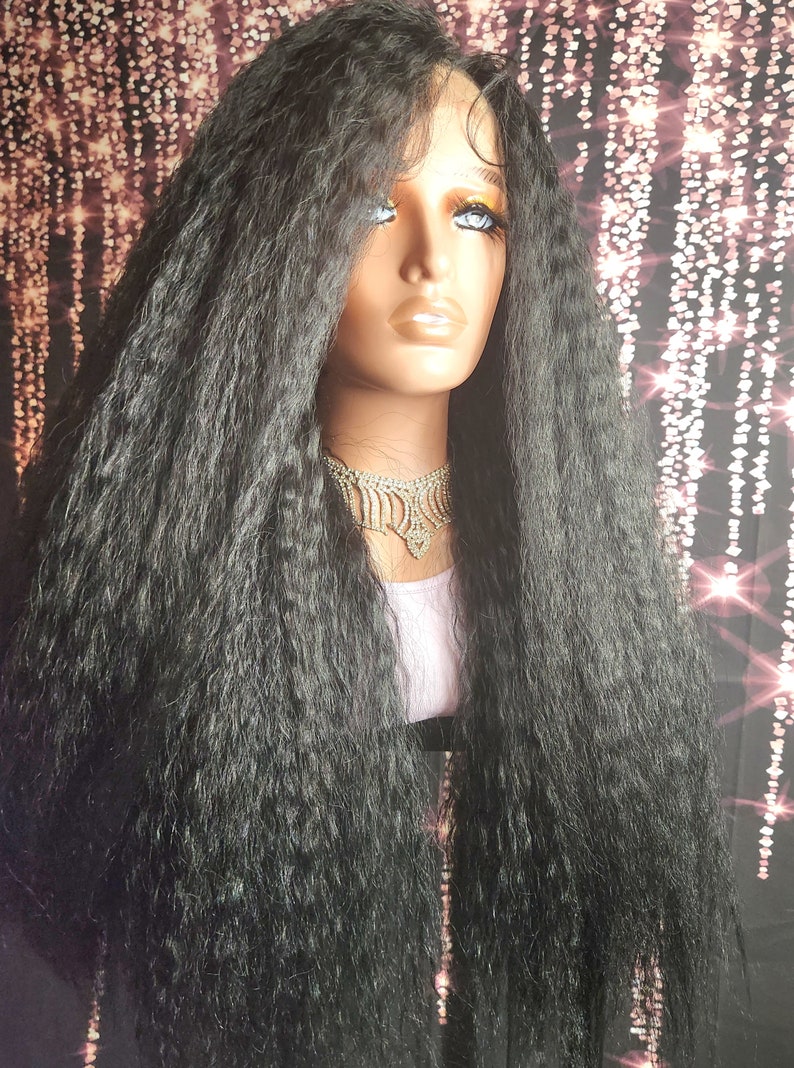 Long Straight Lace Front Wig Black Human Hair Blend Freeparting 13x4 4