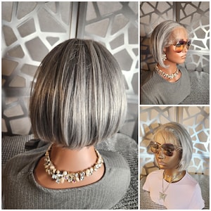 Gray Wig Short Straight Wig1 00% Human Hair Wig  Lace Freeparting 13x6 Remy Virgin Hair Glueless Grey Wig Real Human Hair wig Light Density