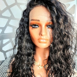 Black Wavy Wig Curly Wig Freeparting Wig 13x6 Wet N Wavy Black Wig Human Hair Blend Glueless Wig Daily Wear or Hair loss Heat Safe