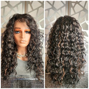 Curly Wig, Wavy wig, Black Wig, Lace Wig, Free Parting wig, 13x6 Human hair Blend, Auburn Balayage Highlights, Glueless Black Red Wig Heat