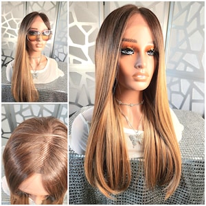 Strawberry Blonde Ombre Wig: 24&quot; Straight Human Hair Blend