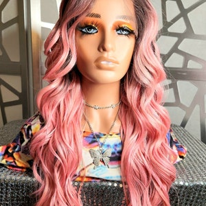 Long Pink Wig, Wavy Long Wig Lace Front Wig Pastel wig, ombre wig, Human Hair Blend Curly Pink Wig Daily Wear Cosplay Anime Pink Hair Heat