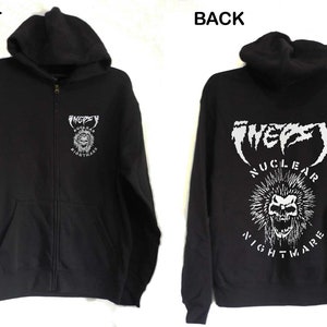 May include: Black zip-up hoodie with a white graphic on the front that says "FNEPSY NUCLEAR NIGHTMARE" and a white graphic on the back that says "FNEPSY NUCLEAR NIGHTMARE" with a skull and spikes.