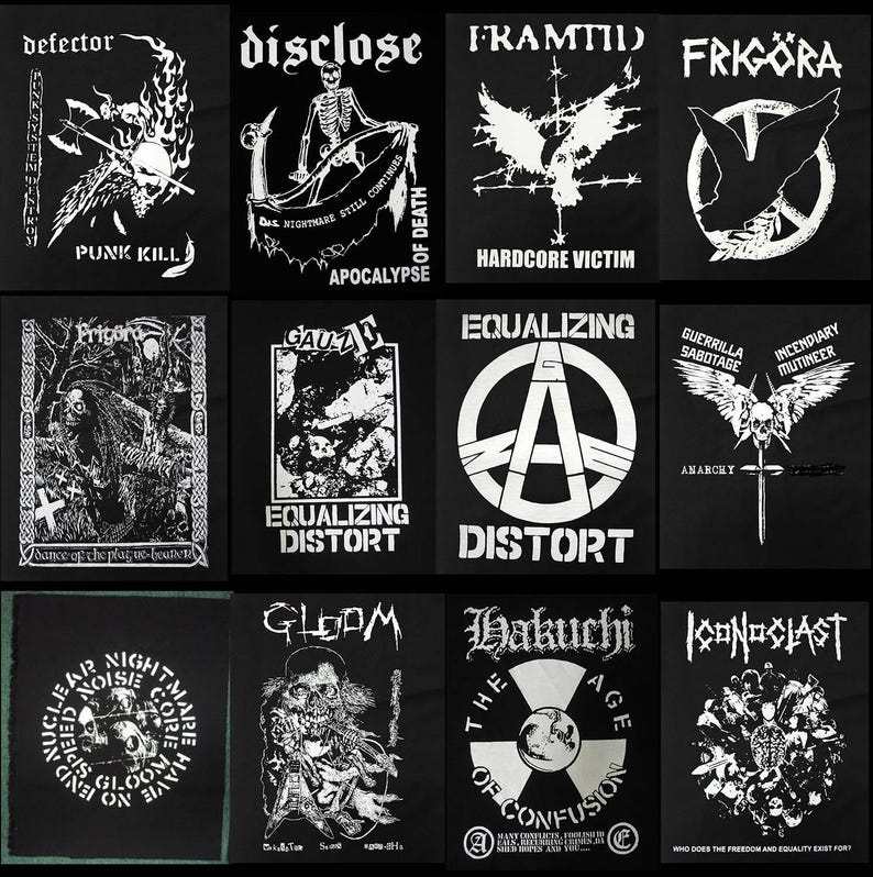 May include: A collection of twelve black and white patches with various designs and text. The patches feature imagery such as skulls, wings, and text like "Punk Kill," "Apocalypse," and "Equalizing Distort." The patches are likely for clothing or accessories.