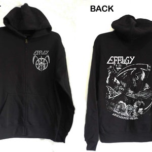 May include: Black zip-up hoodie with a white Effigy logo on the front and a white graphic of a reaper with the text "Effigy Apocalyptic Metal" on the back.