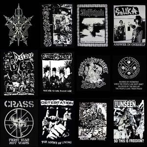 May include: A collection of twelve black and white fabric patches featuring various punk band logos and graphic illustrations. Each square patch displays high-contrast screen-printed designs, including skulls, band names, and political slogans.