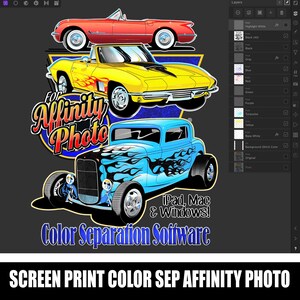 Puede incluir: Una ilustraci&oacute;n colorida de tres coches antiguos con llamas y el texto "For Affinity Photo" y "iPad, Mac & Windows! Software de separaci&oacute;n de colores".