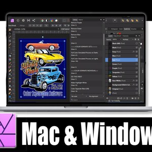 Puede incluir: Una pantalla de computadora port&aacute;til que muestra un programa de dise&ntilde;o gr&aacute;fico con un flujo de trabajo de separaci&oacute;n de color. El programa se llama Affinity Photo y la imagen en la pantalla es un autom&oacute;vil antiguo con llamas. El texto en la pantalla dice "Color Separation Software". La computadora port&aacute;til est&aacute; sobre una superficie negra con el logotipo de Affinity Photo en la esquina inferior izquierda. El texto "Mac & Windows" est&aacute; en la esquina inferior derecha.