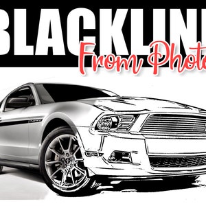 May include: A black and white line drawing of a silver Ford Mustang with black racing stripes. The car is facing the camera and the headlights are visible. The text "BLACKLINE From Photos" is above the car.