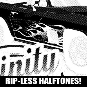 Puede incluir: Ilustraci&oacute;n en blanco y negro de un coche con llamas en el lateral. El coche es un hot rod con una rueda grande. El texto "RIP-LESS HALFTONES!" est&aacute; en la parte inferior de la imagen.