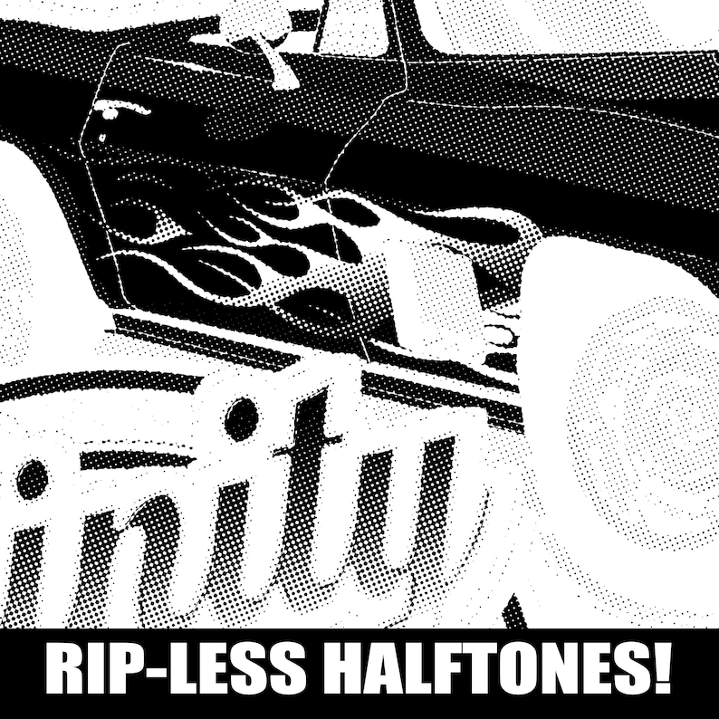 Puede incluir: Ilustraci&oacute;n en blanco y negro de un coche con llamas en el lateral. El coche es un hot rod con una rueda grande. El texto "RIP-LESS HALFTONES!" est&aacute; en la parte inferior de la imagen.