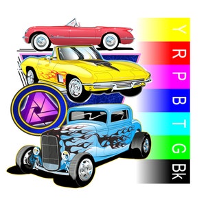 May include: Three vintage cars in a colorful illustration. A red convertible, a yellow Corvette, and a blue hot rod with flames. The cars are set against a background of a blue and white checkered pattern. The image also includes a color chart with the letters Y, R, P, B, T, G, and BK.