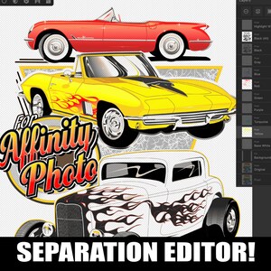 Puede incluir: Una ilustraci&oacute;n digital de tres coches antiguos, un Corvette rojo, un Corvette amarillo y un Ford Modelo T blanco. Los coches est&aacute;n todos en un estilo de dibujos animados y tienen llamas pintadas en ellos. El texto "For Affinity Photo" est&aacute; en primer plano.