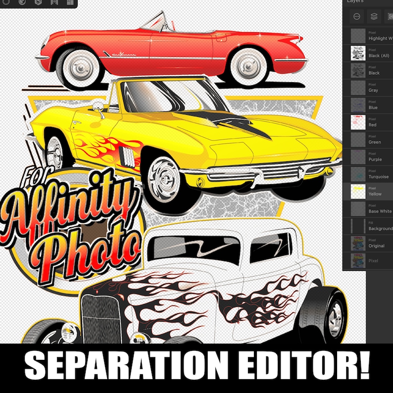 Puede incluir: Una ilustraci&oacute;n digital de tres coches antiguos, un Corvette rojo, un Corvette amarillo y un Ford Modelo T blanco. Los coches est&aacute;n todos en un estilo de dibujos animados y tienen llamas pintadas en ellos. El texto "For Affinity Photo" est&aacute; en primer plano.
