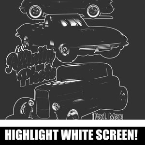 Puede incluir: Ilustraci&oacute;n en blanco y negro de tres coches cl&aacute;sicos, un hot rod, un corvette y un coche antiguo. El texto "For Affinity Photos" est&aacute; en la imagen.