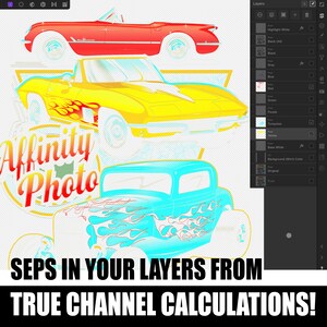 Puede incluir: Una ilustraci&oacute;n digital de tres coches antiguos en varios colores, incluyendo rojo, amarillo y azul. Los coches est&aacute;n superpuestos, con el texto "Affinity Photo" y "SEPS IN YOUR LAYERS FROM TRUE CHANNEL CALCULATIONS!" debajo. La imagen muestra un tutorial de arte digital para Affinity Photo.