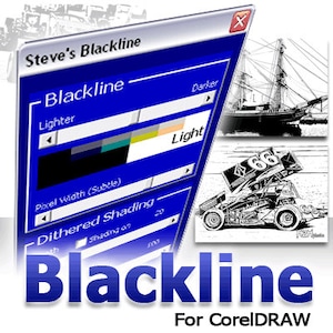 Może przedstawiać: Oprogramowanie Blackline dla CorelDRAW, program do tworzenia czarno-białych rysunków liniowych. Interfejs oprogramowania pokazuje opcje dostosowania grubości linii, cieniowania i koloru.