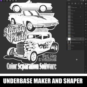 Puede incluir: Ilustraci&oacute;n en blanco y negro de dos coches de carreras con llamas en los laterales. El texto "For Affinity Photo" y "iPad, Mac & Windows!" est&aacute; escrito debajo de los coches. El texto "Color Separation Software" est&aacute; escrito debajo del texto. El texto "UNDERBASE MAKER AND SHAPER" est&aacute; escrito en la parte inferior de la imagen.