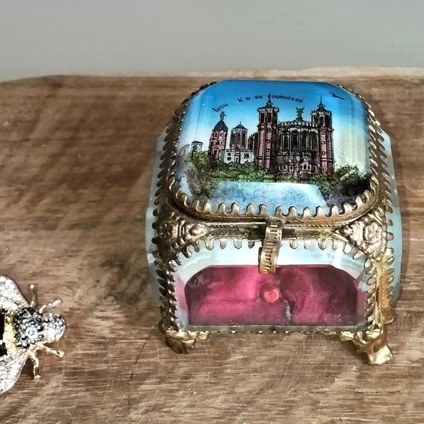 Antique Napoleon III French Jewelry Box, Antique French Ormulu Trinket Box, Beveled Glass Jewelry Box