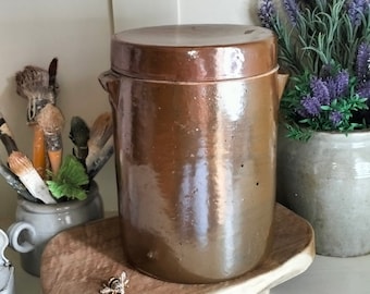 Vintage französischer Confit-Topf mit Deckel, glasiertes Steingut-Einmachglas