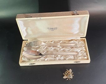 Vintage French Fork and Spoon Christening Set, Silver Vintage Cutlery, Silver Plated Fork & Spoon Boxed, Baptism gift, Christening gift