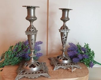 Vintage French Pewter Candlestick Holders – Ornate Rustic Decor Pair