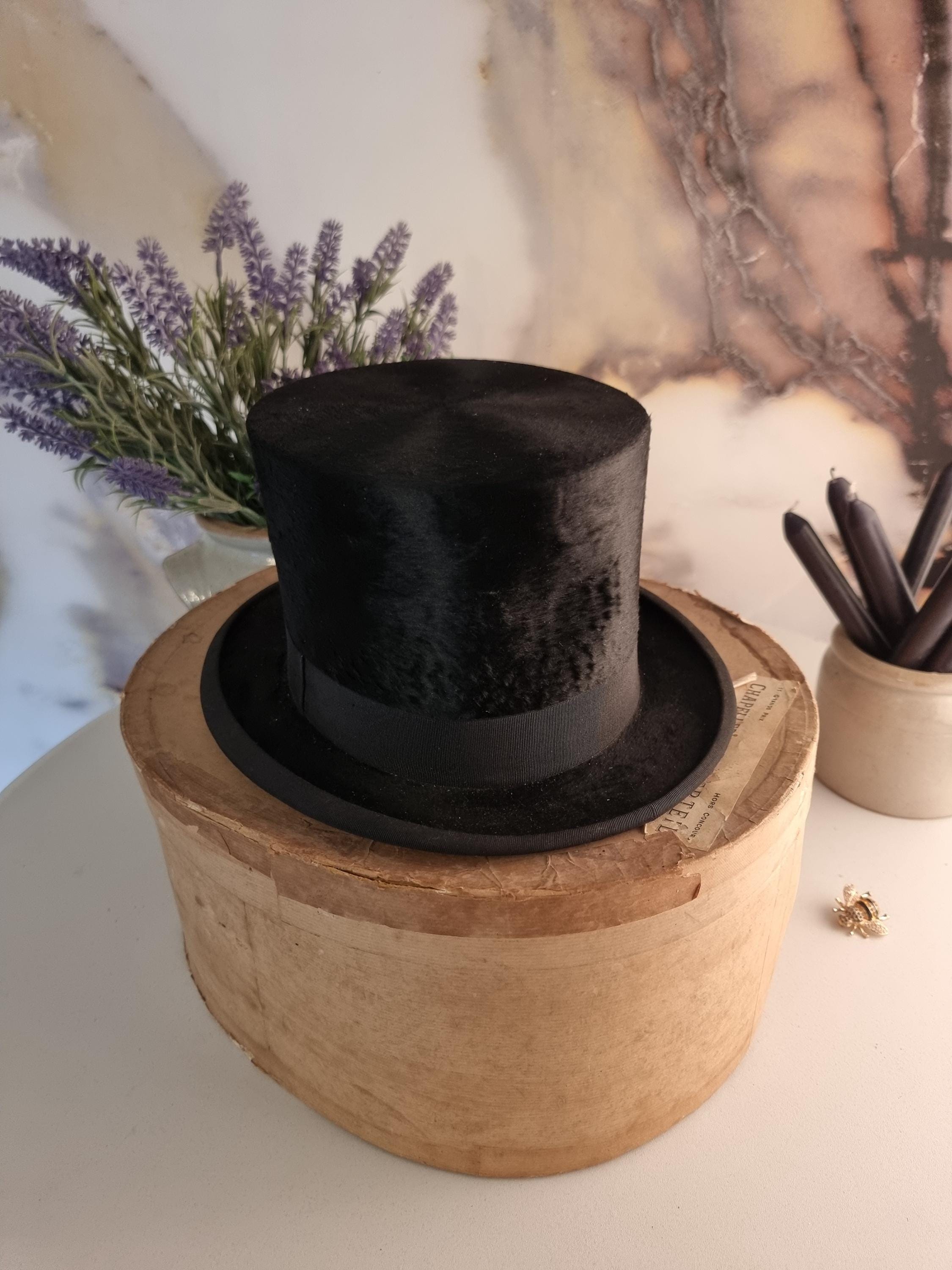アンティーク雑貨 Old Elegant Hat Antique French Beaver Top Hat - 1920s - Top Hat With Original Box