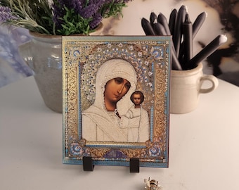 Virgin Mary and Jesus Icon, Antique Byzantine Style Religious Art