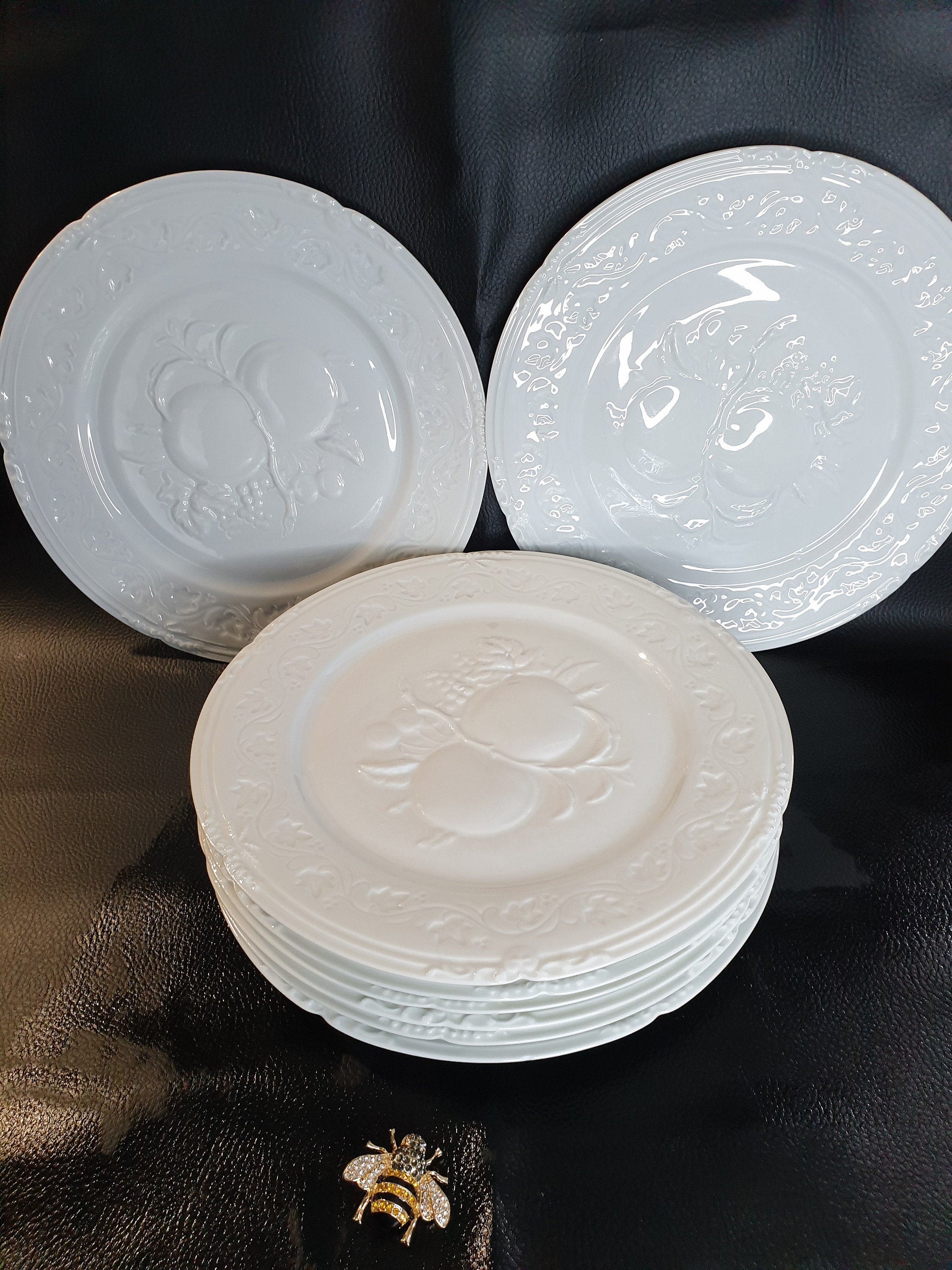 Huit Assiettes Limoges Blanches, Plaques Latérales Vintage, Style Robert Haviland, Ensemble d'assiet