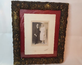 Vintage französisches Hochzeitsfoto, 1920er Jahre Hochzeitsfoto im Rahmen, Braut und Bräutigam Foto, Originaler Bilderrahmen