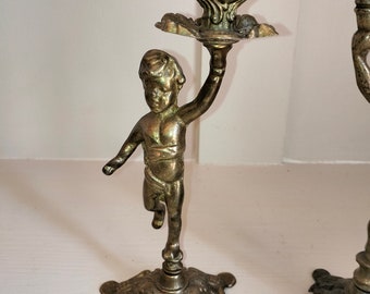 Vintage French Brass Cherub Candlestick, Antique Brass Candle Holder, Cherub Angel, Vintage Candlestick, Art Nouveau style Candlestick